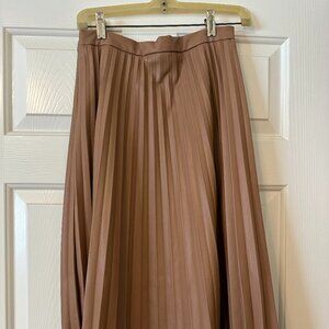 7 for All Mankind Pleated Leather Midi Skirt, S, Tan